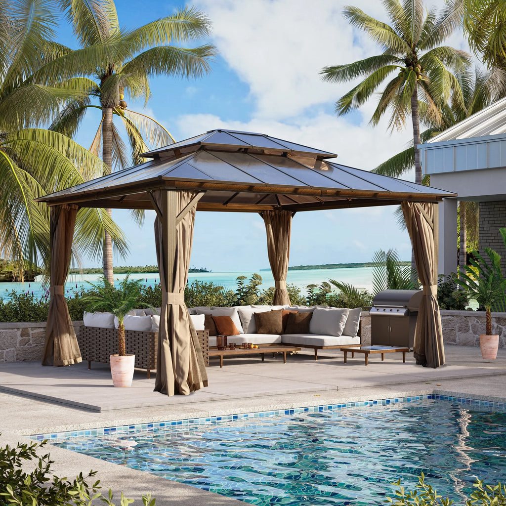 Tonnelle EROMMY à toit rigide, pergola extérieure avec double toit, moustiquaire et rideaux, auvent robuste pour patio, jardin, fête au bord de la piscine