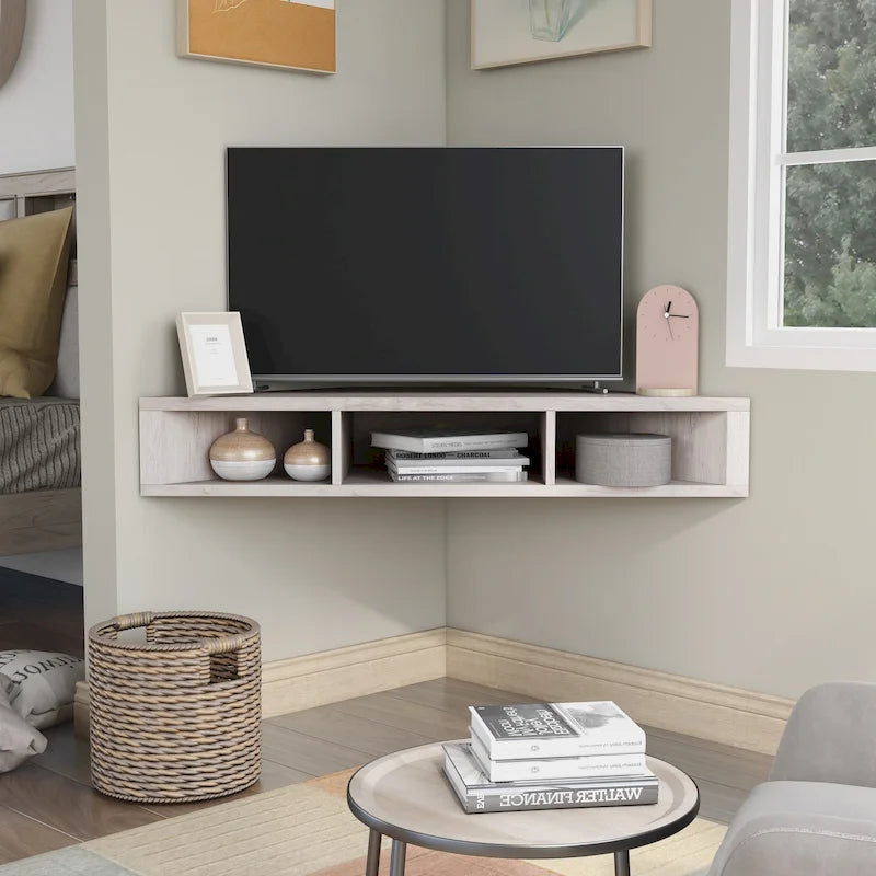 Meuble TV d'angle flottant 47", 3 étagères, style transitionnel, fixation murale peu encombrante