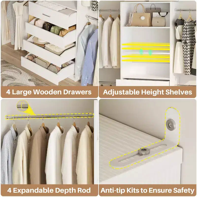 Besiost Système d'organisation de placard en bois de 1,2 à 2,7 m avec 4 tiroirs, 4 tringles à vêtements et étagères
