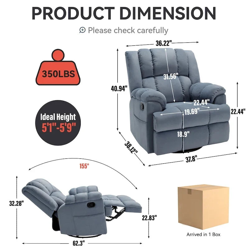 Fauteuil inclinable manuel vert surdimensionné avec pivotement, basculement et revêtement en tissu