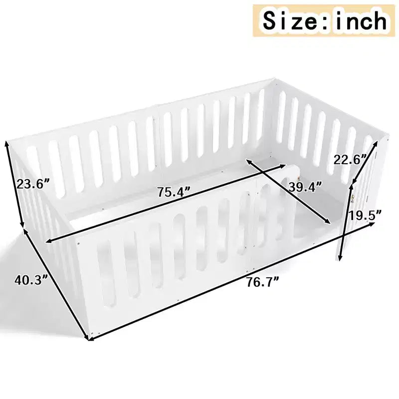 Lit de sol Montessori double blanc avec barrières et porte – Bois massif, 1 enfant