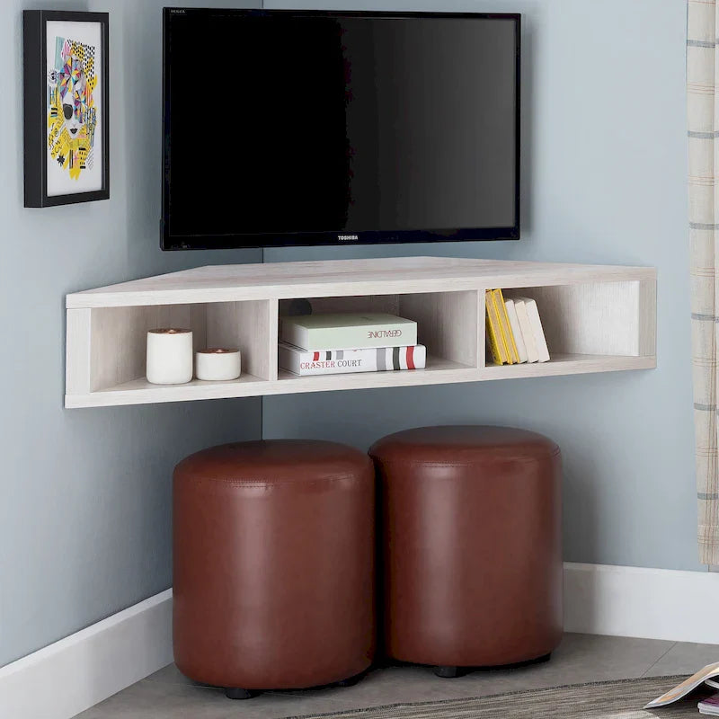 Meuble TV d'angle flottant 47", 3 étagères, style transitionnel, fixation murale peu encombrante