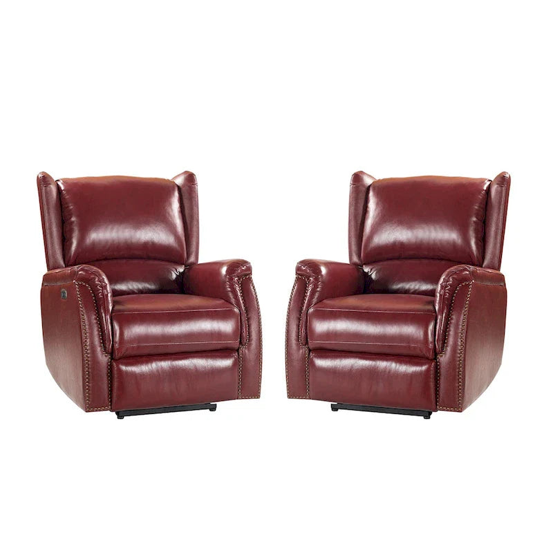 Fauteuil inclinable électrique en cuir véritable avec port USB – Dossier ailé et clous, lot de 2