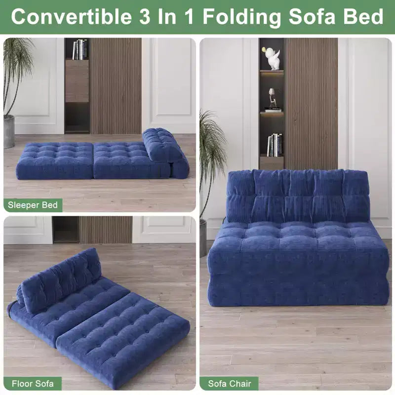 Canapé-lit futon pliant entièrement en velours côtelé, chaise de couchage convertible au sol avec oreiller et dossier
