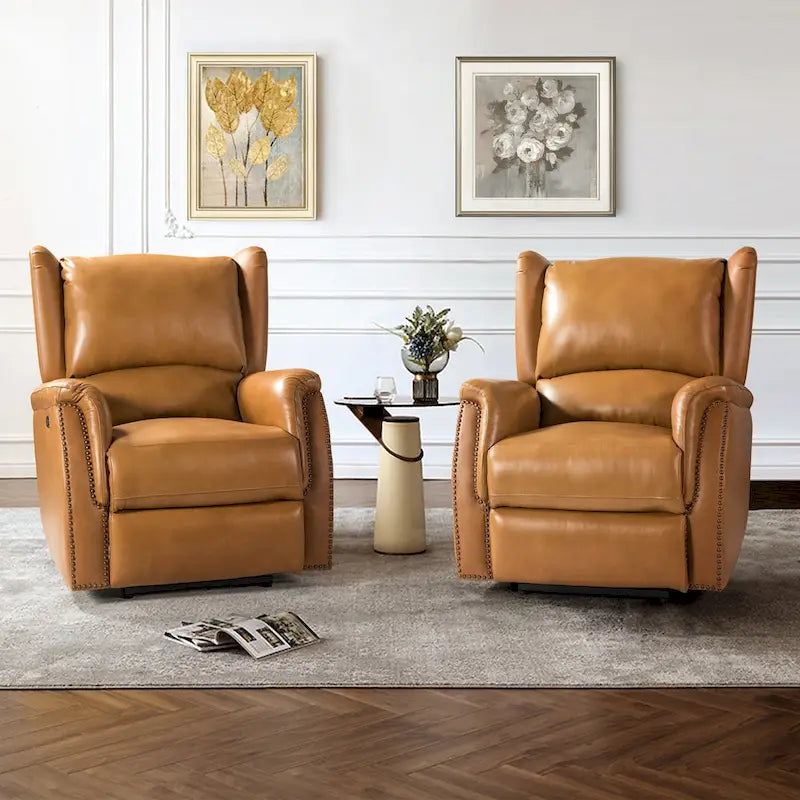 Fauteuil inclinable électrique en cuir véritable avec port USB – Dossier ailé et clous, lot de 2