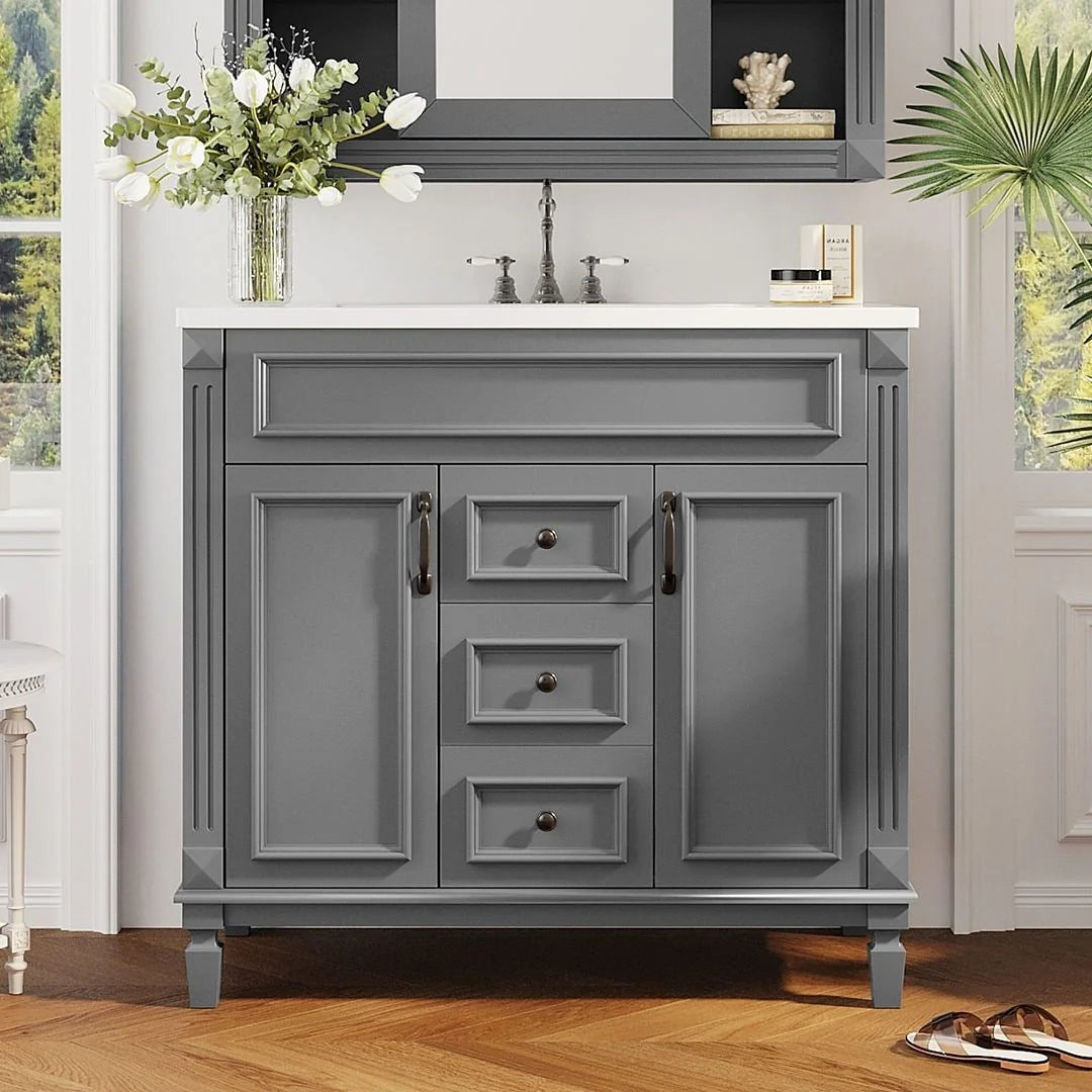 Meuble-lavabo de salle de bain moderne de 91 cm avec lavabo et armoire de toilette, 2 portes et 2 tiroirs