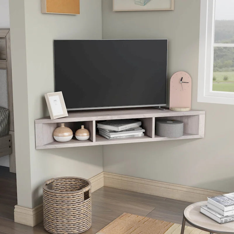 Meuble TV d'angle flottant 47", 3 étagères, style transitionnel, fixation murale peu encombrante